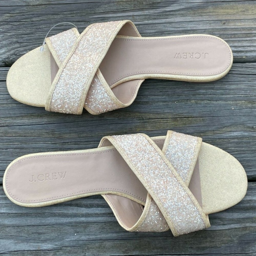 J. Crew Women Sandal Flat Shoes Sparkling man made Upper Gold Tone Size 10 - Picture 4 of 12